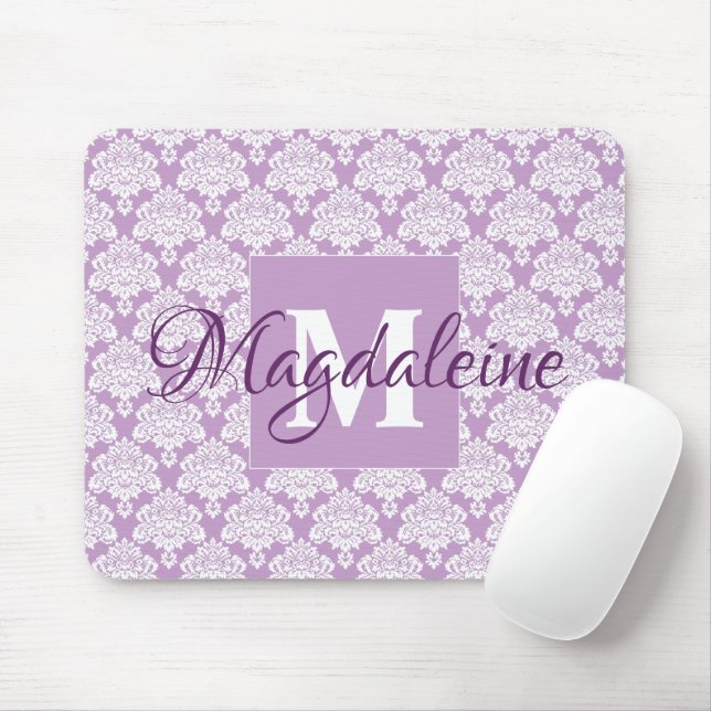 Lavender Damask Mouse Pad med Monogram och Namn Musmatta (Med mus)