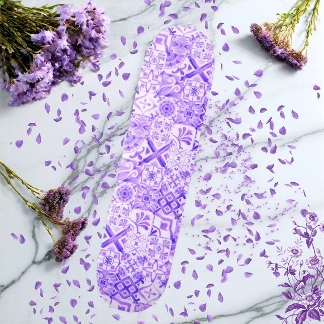 Lavender Dimma Boho Mediterranean Tile Skateboard (Lavender Haze Boho Pattern Mediterranean Tile Skateboard)