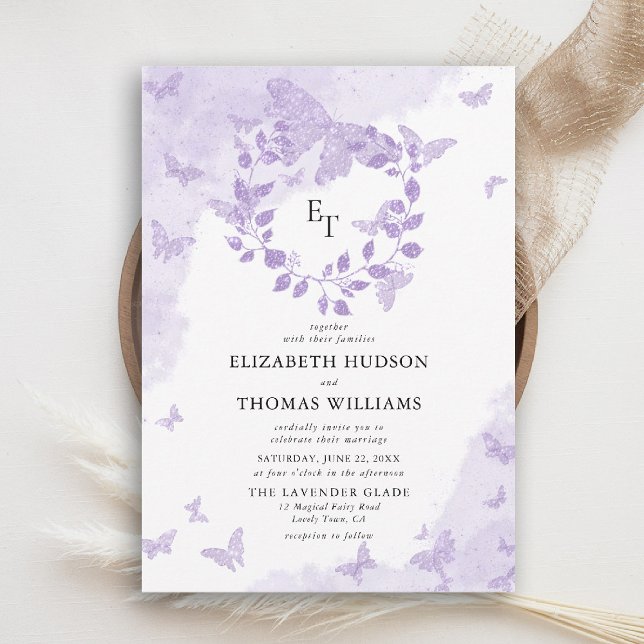 Lavender Dream Butterfly Eucalyptus Crest Wedding Inbjudningar (butterfly wedding invitation lavender purple eucalyptus crest elegant modern romantic)