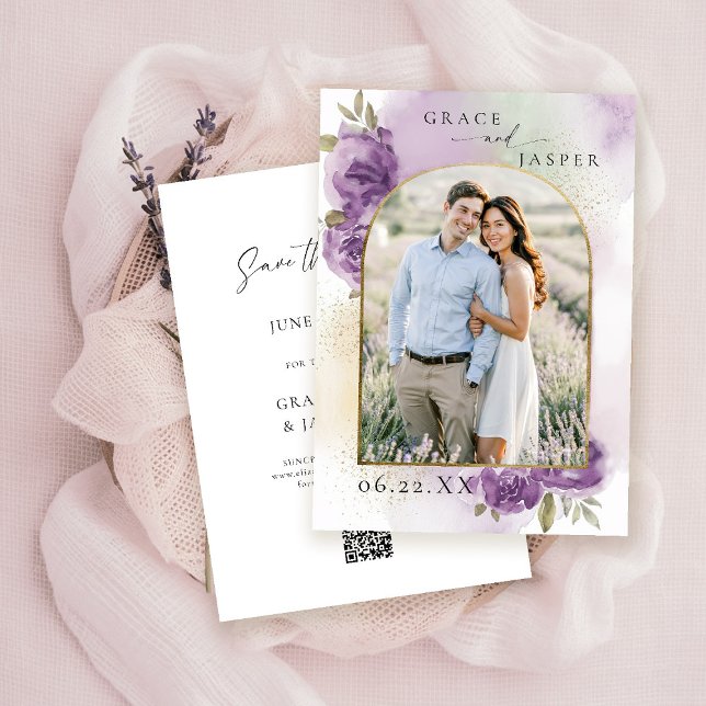 Lavender Dreamy Rustic Photo Bröllop spara datum Datumet (purplegold boho arch photo wedding save the date watercolor elegant floral mauve green barn ranch)