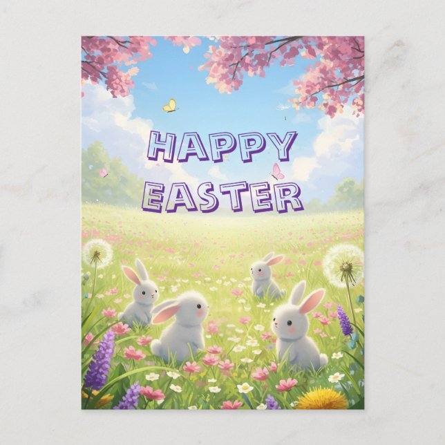 Lavender Easter Cute White Bunny Floral Spring  Helg Vykort (Framsida)