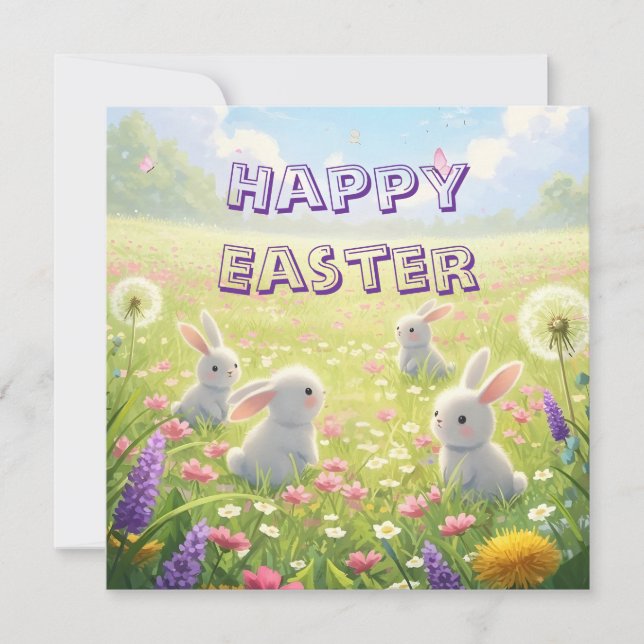 Lavender Easter Cute White Bunny Floral Spring  Julkort (Framsida)
