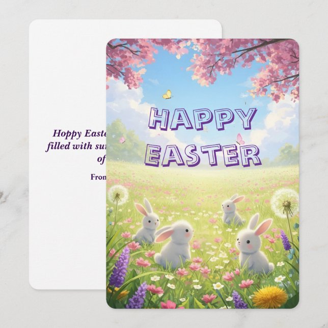 Lavender Easter Cute White Bunny Floral Spring  Julkort (Fram/baksida)