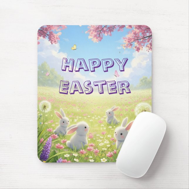 Lavender Easter Cute White Bunny Floral Spring  Musmatta (Med mus)