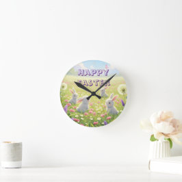 Lavender Easter Cute White Bunny Floral Spring Rund Klocka