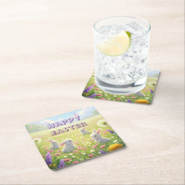 Lavender Easter Cute White Bunny Floral Spring Underlägg Papper Kvadrat