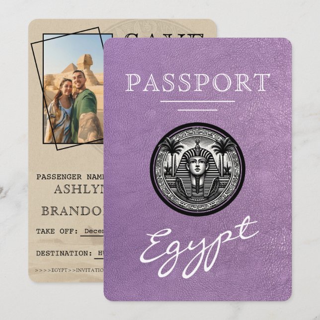 Lavender Egypt Passport Wedding Save the Date Spara Datumet (Fram/baksida)