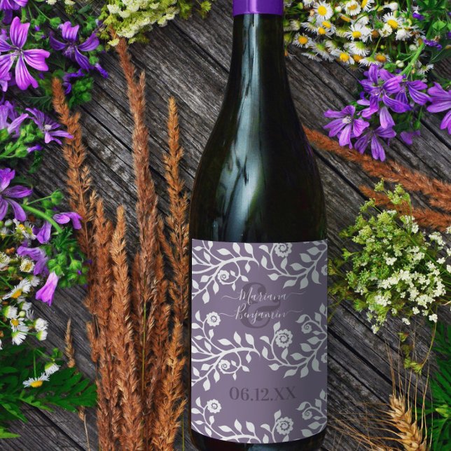 Lavender Elegant Boho Blommigt Personlig Bröllop Vinflaska Etikett (Skapare uppladdad)