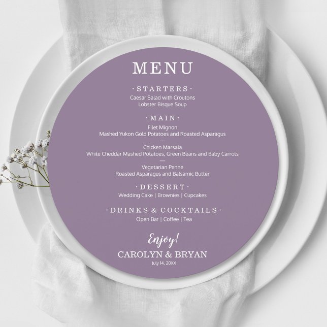 Lavender Elegant Round Bröllop Middag Meny (Skapare uppladdad)