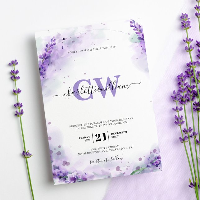 Lavender Elegant Watercolor Monogram Bröllop Inbjudningar (Skapare uppladdad)
