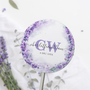 Lavender Elegant Watercolor Monogram Bröllop Runt Klistermärke