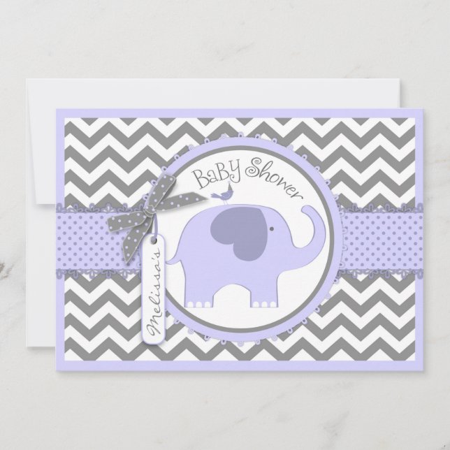 Lavender Elephant Bird Chevron Print Baby Shower Inbjudningar (Framsida)