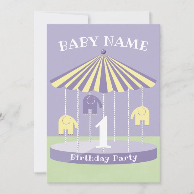 Lavender Elephant Carousel 1st Birthday Inbjudningar (Framsida)