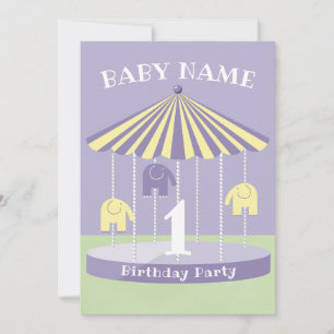 Lavender Elephant Carousel 1st Birthday Inbjudningar
