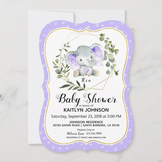 Lavender Elephant Modern Baby Shower Inbjudningar (Framsida)