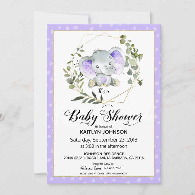 Lavender Elephant Modern Baby Shower Inbjudningar (Framsida)