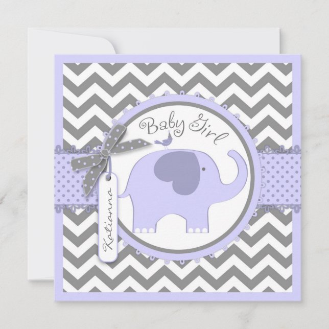 Lavender Elephant och Chevron Print Baby Shower Inbjudningar (Framsida)