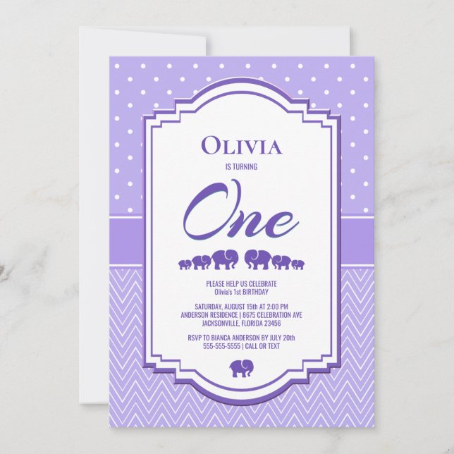 Lavender Elephants 1st Birthday Party Inbjudningar (Framsida)