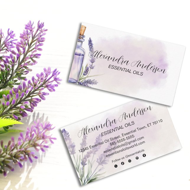 Lavender Essential Oils Lila Blommigt Vattenfärg Visitkort (Lavender Essential Oils Purple Floral Watercolor Business Card)