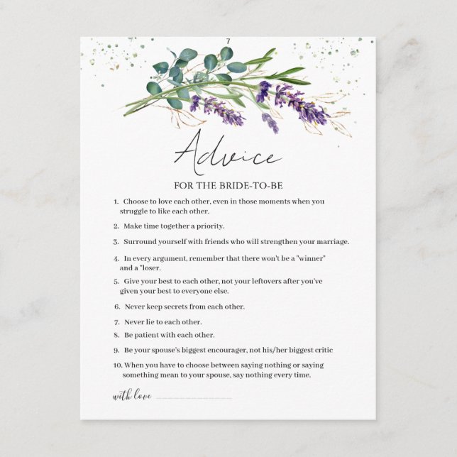 Lavender Eucalyptus Advice for Bride to be Rådkort (Framsida)