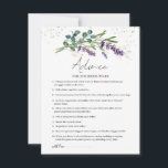 Lavender Eucalyptus Advice for Bride to be Rådkort<br><div class="desc">Råd för kort som ska fyllas i innehåller en vattenfärgad illustration av lila lavender-blommor och eucalyptus-blad i vattenfärgen stil. På överdelen av kortet - grönaktig effekt konfetti.</div>