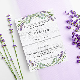 Lavender eucalyptus greenery white wood bröllop inbjudan vykort