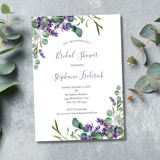 Lavender Eucalyptus Lila Greenery Möhippa Inbjudningar (Lavender Eucalyptus Elegant Modern Bridal Shower Invitation, Printed and Digital Download)