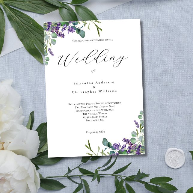 Lavender Eucalyptus Modern minimalist Bröllop Inbjudningar (Lavender Eucalpytus Modern Minimalist Elegant Floral Botanical Wedding Invitation.)