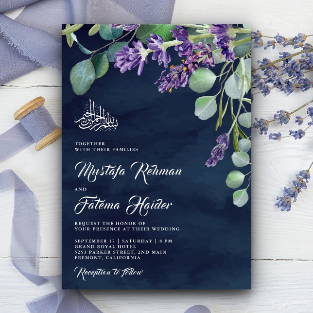 Lavender Eucalyptus Navy Blue Islamic Bröllop Inbjudningar (Skapare uppladdad)