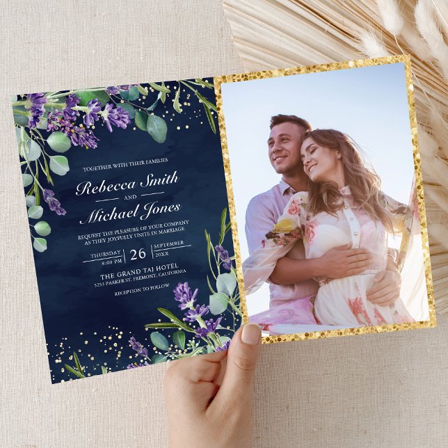 Lavender Eucalyptus Navy Blue QR Code Wedding Inbjudan (Skapare uppladdad)