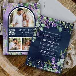 Lavender Eucalyptus Photo Navy QR Code Bröllop Inbjudningar