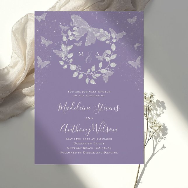 Lavender Eucalyptus Romantic Butterfly Wedding Inbjudningar (lavender wedding invitation butterfly eucalyptus modern classic romantic elegant initial calligraphy)