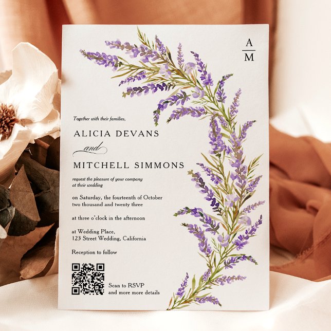 Lavender Fall blommigt under hösten, vattenfärg QR Inbjudningar (Lavender Fall autumn floral watercolor QR wedding Invitation)