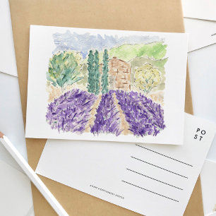 Lavender Fält Frankrike Watercolor Travel vykort