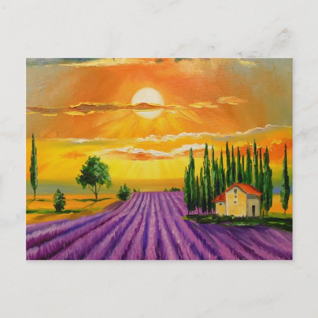 Lavender fält vid sunset vykort (Framsida)