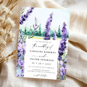 Lavender Fält Watercolor Lila Bröllop Inbjudningar