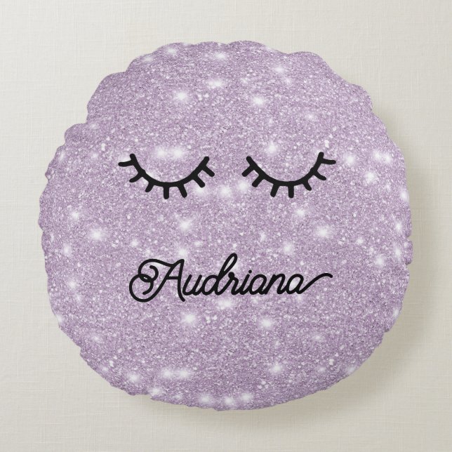 Lavender Faux Glitter Eyelashes Personalized Name Rund Kudde (Framsidan)