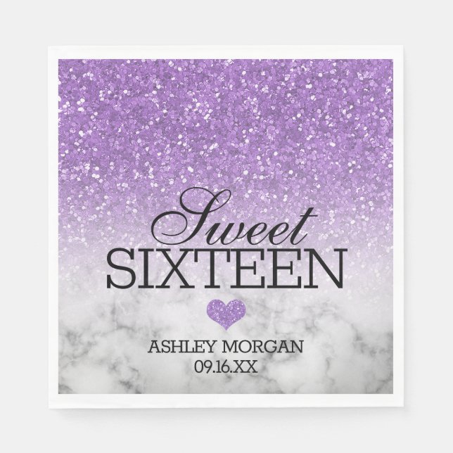 Lavender Faux Glitter/Marble Sweet 16 Pappersservett (Framsidan)