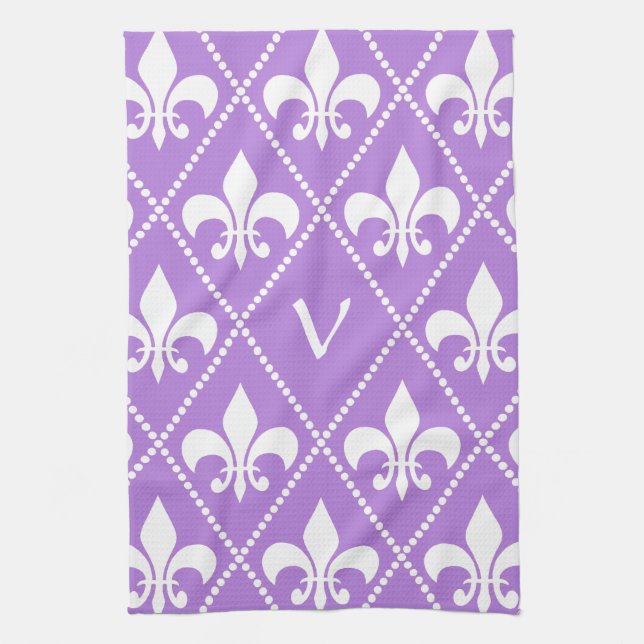 Lavender Fleur de Lis med ett inledande monogram Kökshandduk (Vertikal)