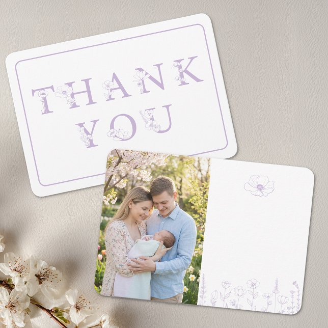 Lavender Floral Baby Shower Photo Tack Kort (Thank you photo card)