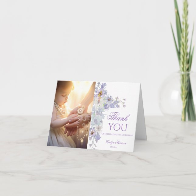Lavender Floral Baptism Photo Thank You Card Tack Kort (Framsida)