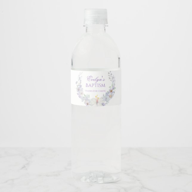 Lavender Floral Baptism Water Bottle Label Vattenflaska Etikett (Framsida)