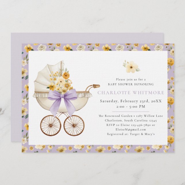 Lavender Floral Carriage Baby Shower Invite Inbjudningar (Fram/baksida)