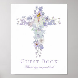 Lavender Floral Cross Baptism Guest Book Sign Poster