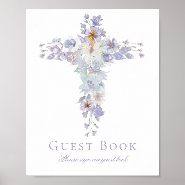 Lavender Floral Cross Baptism Guest Book Sign Poster (Framsidan)