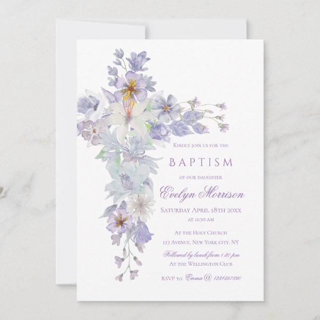 Lavender Floral Cross Baptism Invitation Inbjudningar (Framsida)