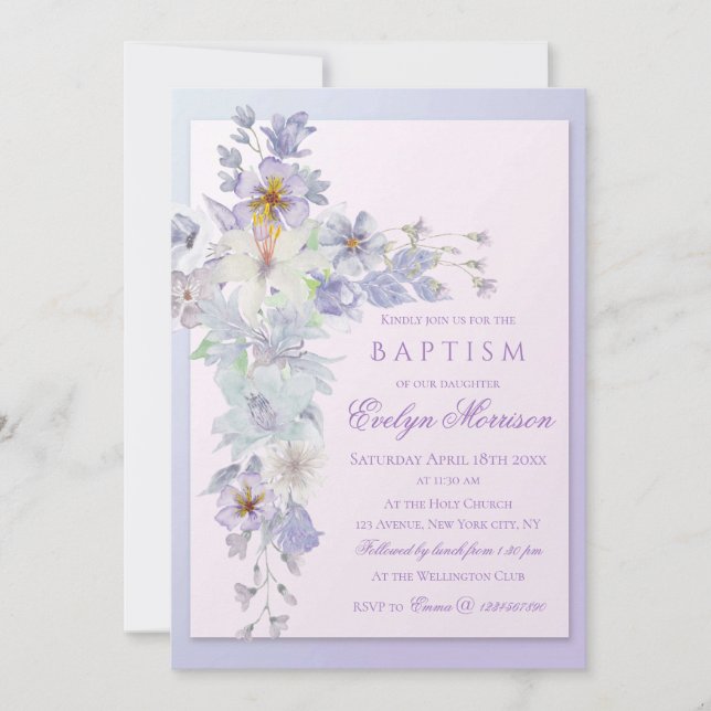 Lavender Floral Cross Baptism Invitation Inbjudningar (Framsida)