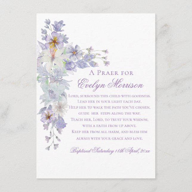 Lavender Floral Cross Baptism Prayer Card Tilläggskort (Framsida)