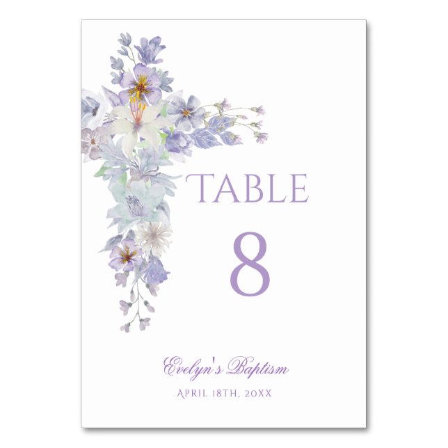 Lavender Floral Cross Baptism Table Number Bordsnummer (Framsidan)