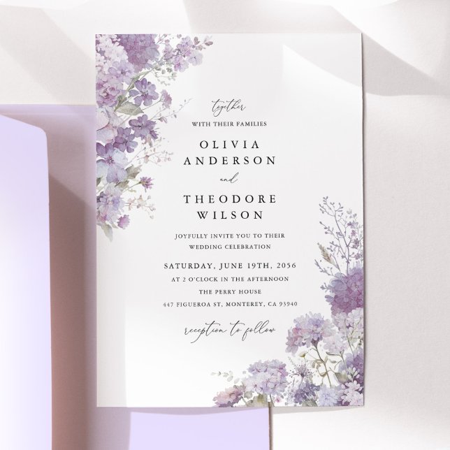 Lavender Floral Elegant Wedding Inbjudningar (Lavender floral wedding invitation with hydrangea watercolor, elegant serif typography)